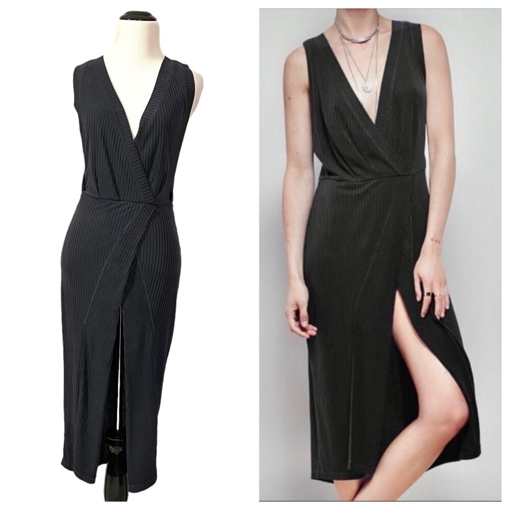 Free People Rising Sun Ribbed Midi Dress - Black - XS